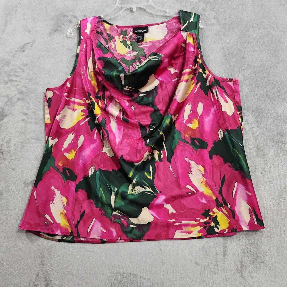 Lane Bryant Tank Womens 22 Pink Floral Cowl Neck Sleeveless Stretch Silky Satin